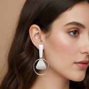 Circle Textured Triangle Rhodium Plated 925 Sterling Silver Dangling Hook Earrings for Women